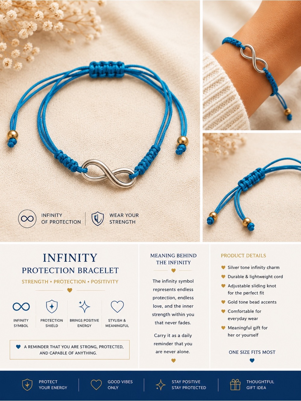 Infinity Protection Bracelet - Blue Cord with Silver Tone Charm